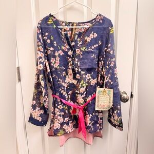 Aratta Silent Journey Tunic Blouse Sz M blue pink floral